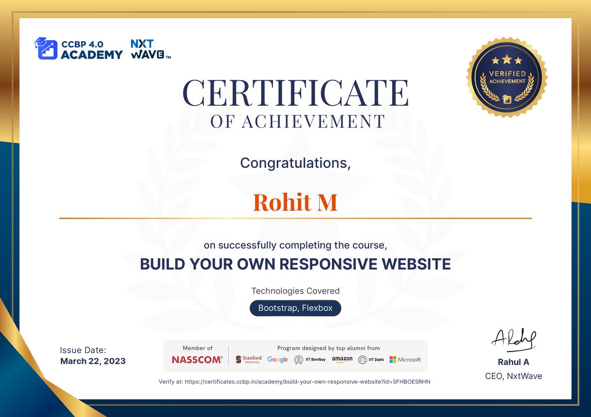 maniks_rohit's tweet photo. Hello Folks,
Hope all are good and well.
I'm happy to share that I've obtained a certification, Build Your Own Responsive Website from Nxtwave.
#nxtwave #nxtwaveccbp #nxtwaveteam #ccbpian #ccbp #ccbpacademy #ccbpintensive #ccbphour https://t.co/40NLqJBdqD