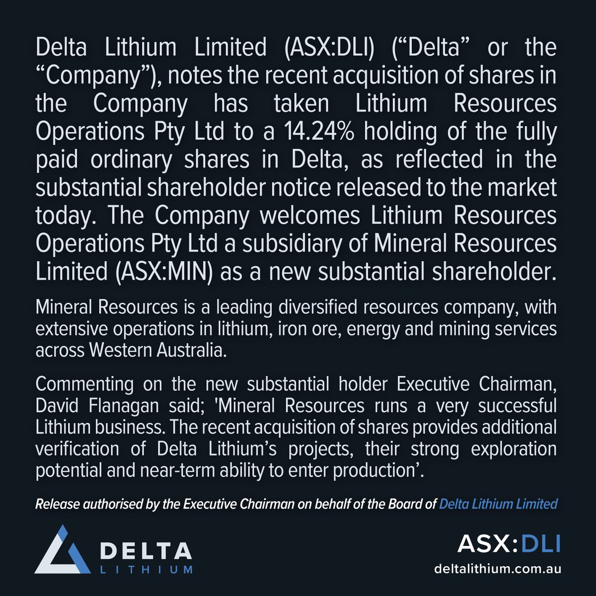 DeltaLithium's tweet photo. $DLI ASX Announcement: Delta welcomes Mineral Resources Ltd as a new substantial shareholder.   
Acquisition of shares in Delta has taken Mineral Resources Ltd to a 14.24% holding of the fully paid ordinary shares in Delta. 

See full announcement:
https://t.co/bPDyR6fRzc

#ASX https://t.co/5UCYOGoNSK