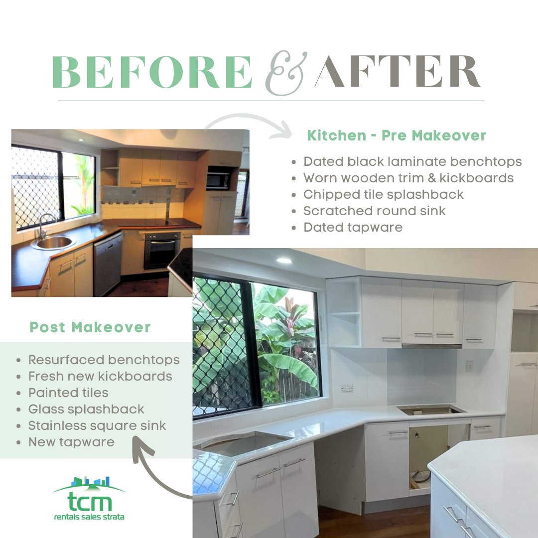 TCMRentalsSales's tweet photo. BEFORE | AFTER 🏘 Here's some #MondayMotivation for you! Can you believe this #Cairns kitchen makeover took only 3 days? Resurfacing your #kitchen benchtops is a great way to achieve a #fresh new look without the #reno price tag 📍#kitchen #renovation #makeover #beforeandafter https://t.co/kqgpCMPhSL