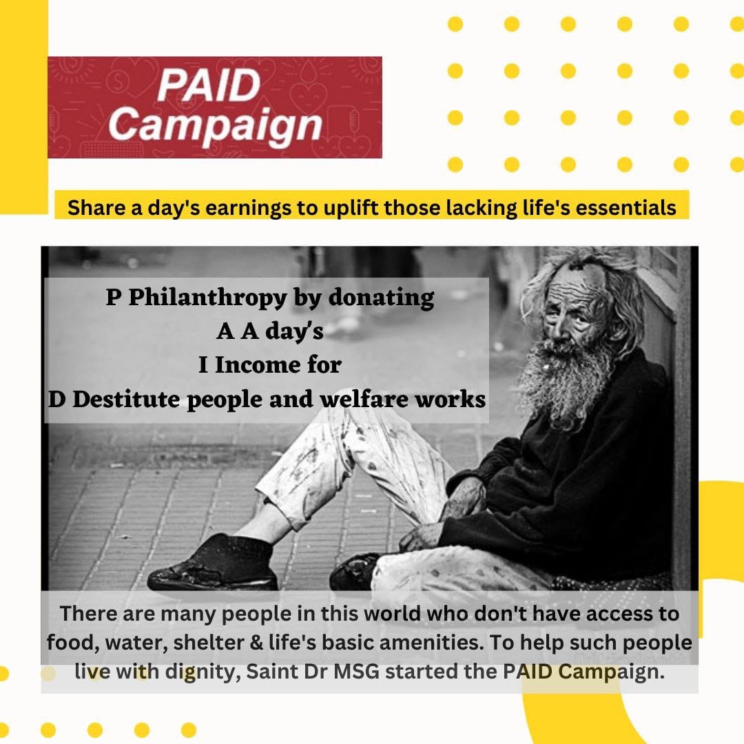 imGurmukh_Gure's tweet photo. To help the economically weaker people in the society, Saint MSG lnsan launched the #PAID campaign by running the 155th work of humanity, under which the needy people could be helped.
@DSSNewsUpdates https://t.co/kJt5bupkxO