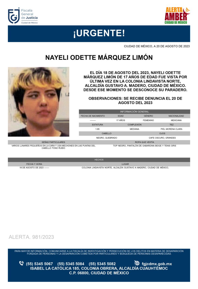 Somoselmedio's tweet photo. #Desaparecida Solicitan nuestra ayuda para localizar a una menor de 17 años de edad, de nombre Nayeli Odette Márquez Limón, fue vista por última vez el día 18 de agosto de 2023 en la colonia Lindavista Norte, alcaldía Gustavo A. Madero. https://t.co/Gm05CxH7Rw