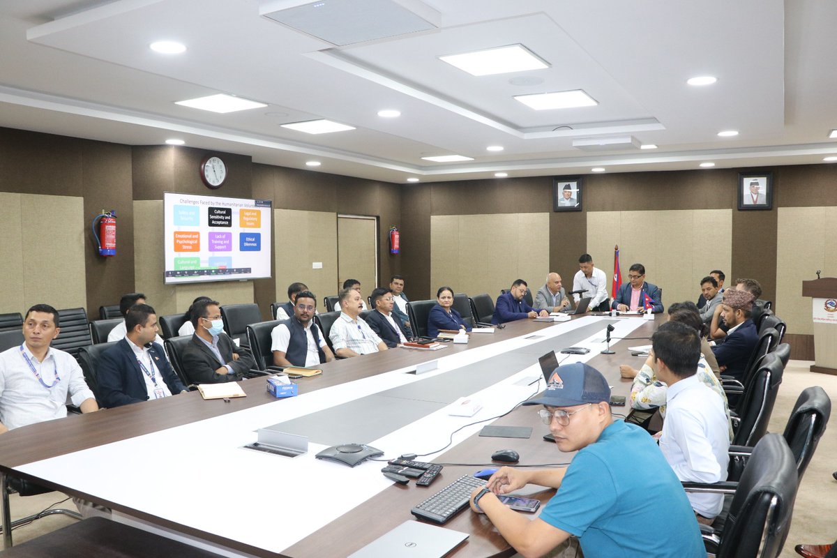 NDRRMA_Nepal's tweet photo. Commemorating #WorldHumanitarianDay, a dialogue was organized by the #NPDRR at NDRRMA & through virtual platform, paying tribute to the unwavering commitment of humanitarian leaders & aid workers. The importance of fostering #Volunteerism from secondary education was emphasized. https://t.co/tFWqg5gdsd