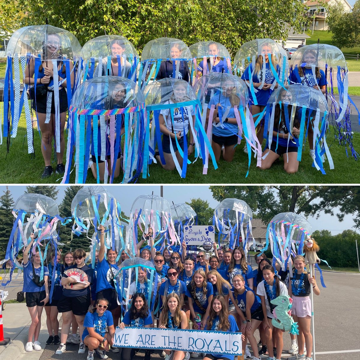 WHSRoyalWater's tweet photo. Woodbury Days Parade 23 “fishes out of water” 🪼💙🫧 We are the Royals! https://t.co/dzm2OU8n9q