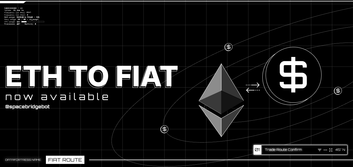 SpaceBridgeBot's tweet photo. 🚀🔥 $XFER UPDATE 🚀🔥

Another MASSIVE update is here, folks! Those of you who've been waiting to convert your ETH to fiat, your prayers have been answered!

Introducing... our brand new ETH off-ramp route via @SpaceBridgeBot 🌌💸 https://t.co/BOgOXiUEu3