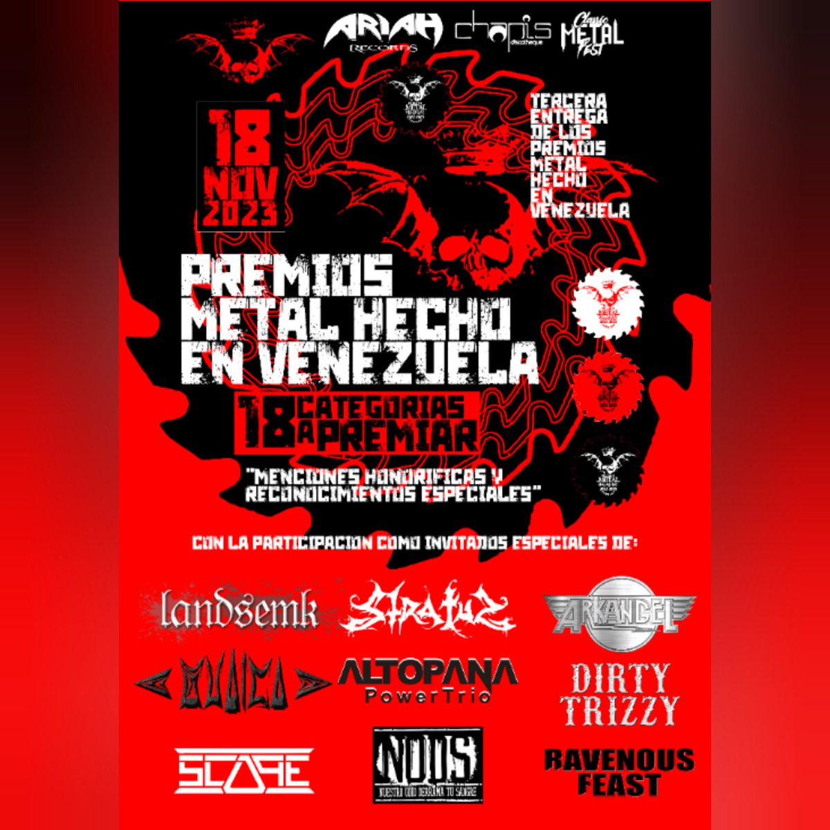 Regresan los Premios Metal Hecho En Venezuela en su tercera edición, donde los nominados los elige el público.
Son 18 categorías a premiar, más entrega de nominaciones especiales y reconocimientos a la carrera de figuras trascendentales para el rock duro y metal venezolano.