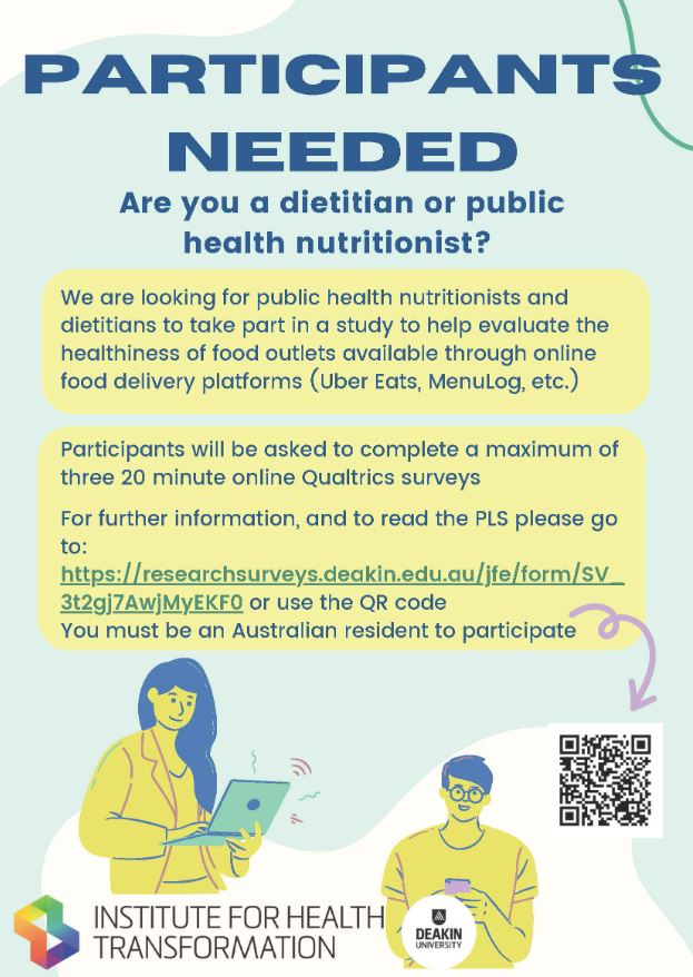 RE-FRESH: Next Generation (@h_food_retail) on Twitter photo 🍎ARE YOU A DIETITIAN or PUBLIC HEALTH NUTRITIONIST?
We'd love to hear your thoughts on the healthiness of online food delivery sites - it would really help our research!
LAST CHANCE to take part 👉deakin.au/3K7Wr7F
<a href="/DrCindyNeedham/">Cindy Needham</a> <a href="/CZ_Christina/">Christina Zorbas</a> <a href="/LauraVAlston/">Dr Laura Alston</a>
<a href="/rebbenn/">Rebecca Bennett</a> 🍎ARE YOU A DIETITIAN or PUBLIC HEALTH NUTRITIONIST?
We'd love to hear your thoughts on the healthiness of online food delivery sites - it would really help our research!
LAST CHANCE to take part 👉deakin.au/3K7Wr7F
<a href="/DrCindyNeedham/">Cindy Needham</a> <a href="/CZ_Christina/">Christina Zorbas</a> <a href="/LauraVAlston/">Dr Laura Alston</a>
<a href="/rebbenn/">Rebecca Bennett</a>