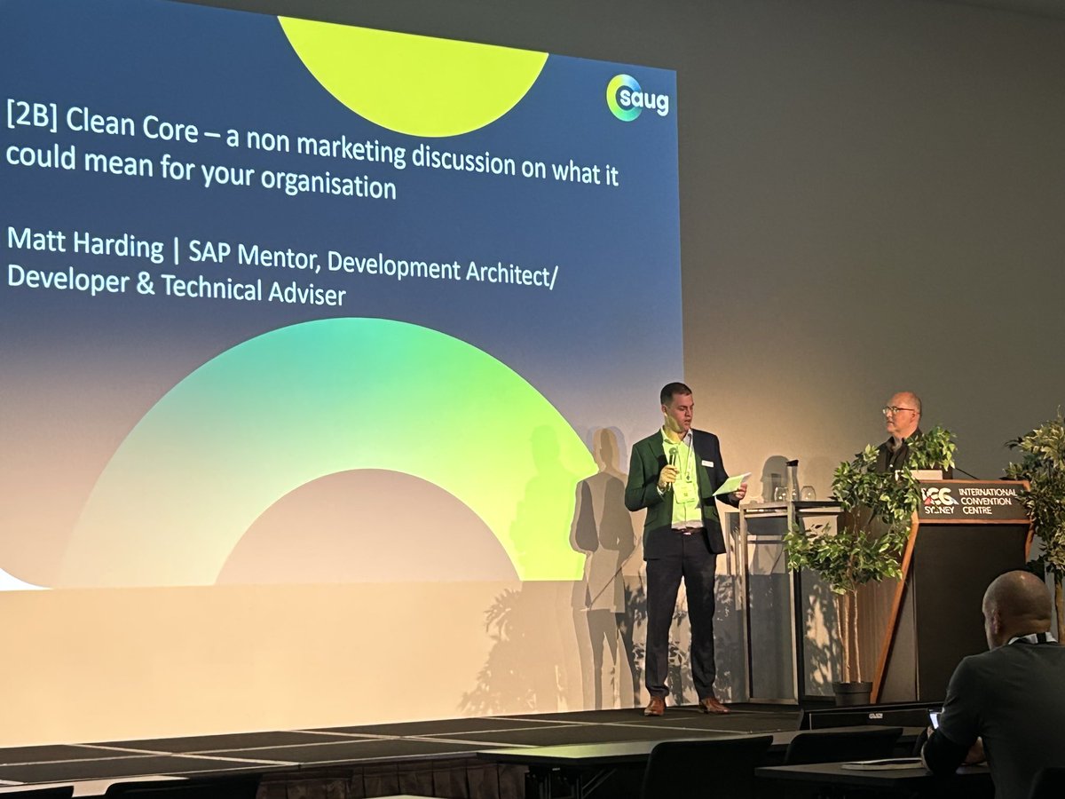 jocdart's tweet photo. #SAUGSummit @mattharding tackling what #CleanCore means … an increasingly important topic for innovation agility and fast upgrades of ECC and #S4HANA https://t.co/1tzxjjvXSN