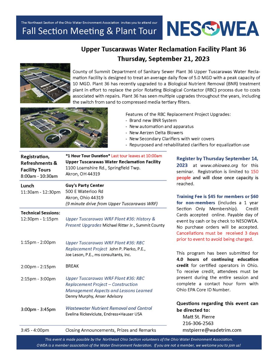 Krishna_H2O's tweet photo. @OWEA_Northeast is hosting the Fall Section Meeting and Plant Tour on September 21, 2023 at the Summit County’s Upper Tuscarawas WRF Plant 36. Registration is limited to 150 people and will close once the capacity is reached. Register by 9/14 at https://t.co/t06OKW1nfH. https://t.co/ZOA2vmdiFF