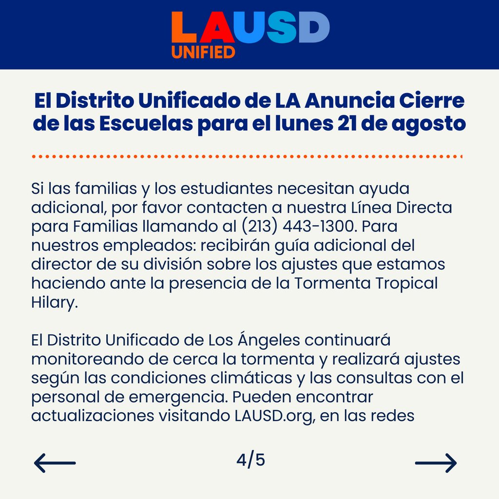 El Distrito Unificado de LA Anuncia Cierre de las Escuelas para el lunes 21 de agosto