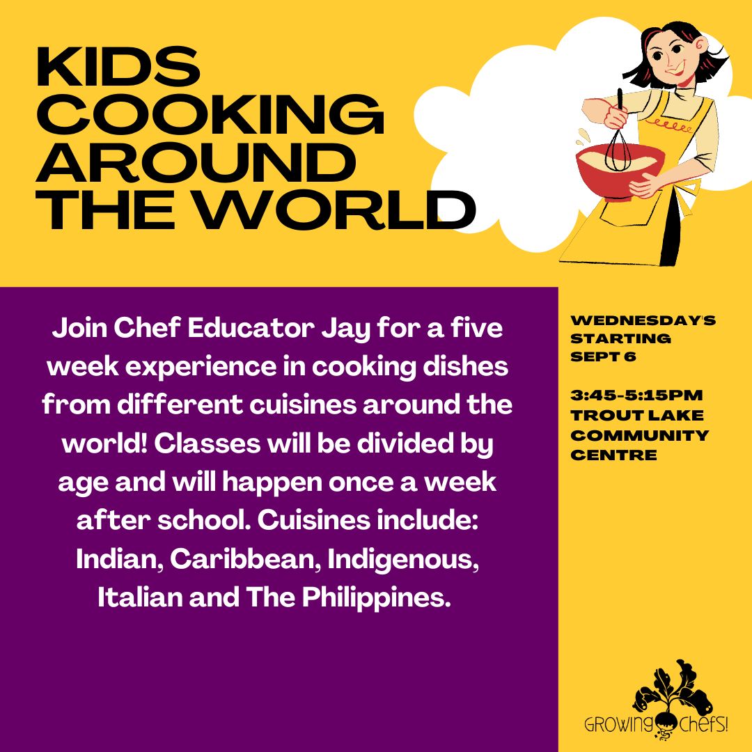 Join our own Chef Educator Jay in a kid-friendly exploration of world food! Over five weeks, kids will learn life-long kitchen skills and share a delicious vegetarian meal featuring flavours from different cultures. Starts September 6! ow.ly/3mZg50PABH5