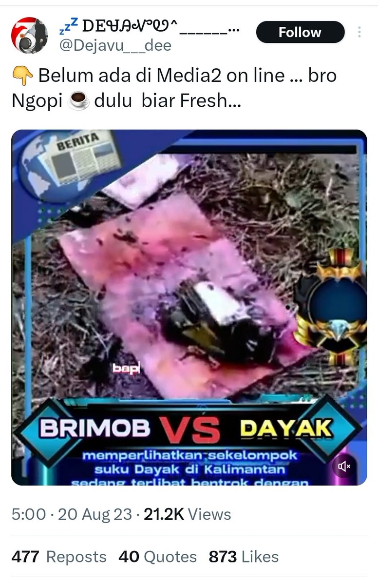 Yth. <a href="/CCICPolri/">Direktorat Tindak Pidana Siber Bareskrim Polri</a> <a href="/DivHumas_Polri/">Humas Polri</a> 

Apakah provokasi dgn narasi hoax dan sensitive bgini akan dibiarkan? Aslinya adalah kerusuhan kary. PT. Duta Palma Group di Bengkayang Kalbar bukan spesifik warga "Dayak" sperti narasinya.