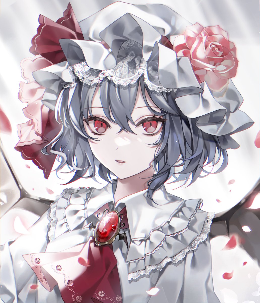 remilia scarlet 1girl solo hat wings flower red eyes mob cap  illustration images