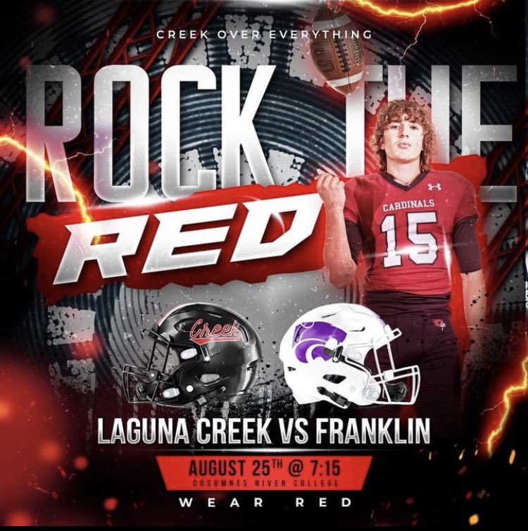 Excited for this week’s game against Franklin High School! @lagunacreekfb @CoachRNillHC_LC @SacBee_JoeD @cameronsalerno1 @DogWiredDudes #CreekOverEverything #QB1 #RockRed #GoCardinals