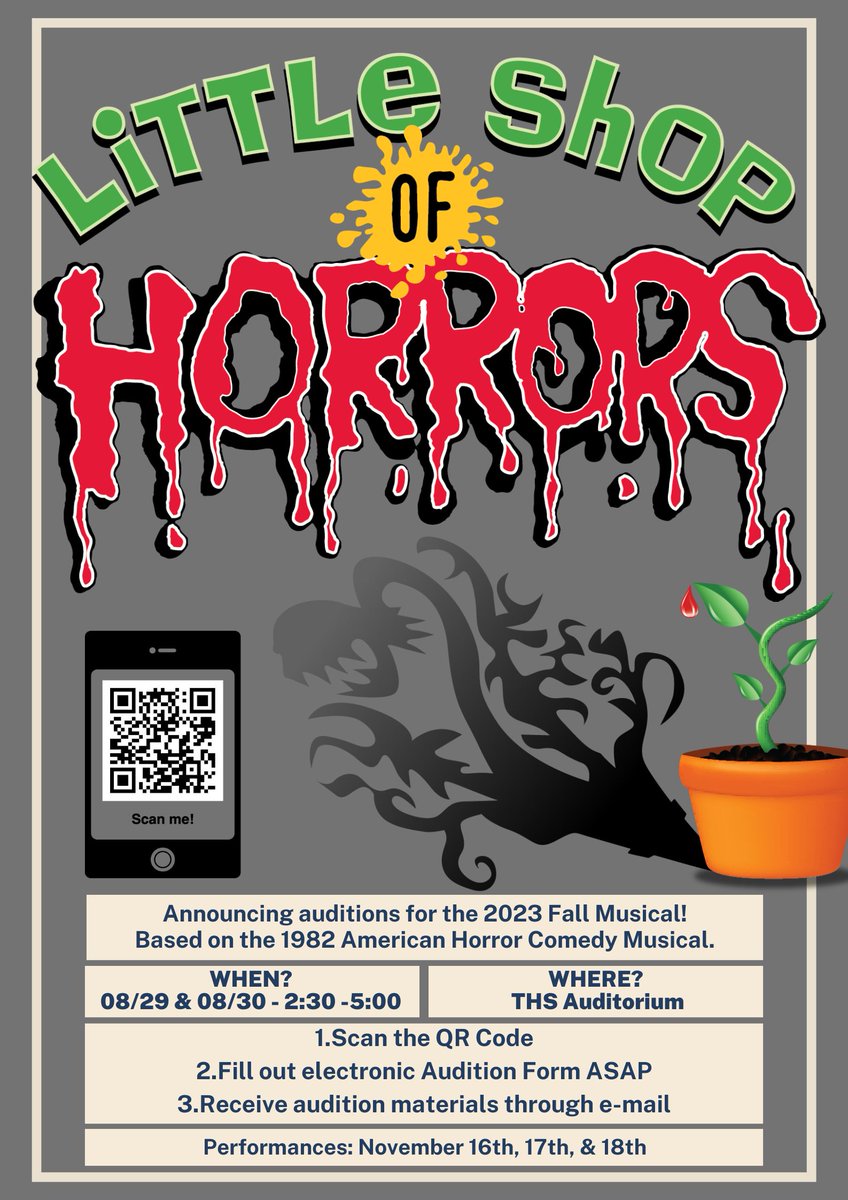 Announcing auditions for THS' Fall Musical -- Little Shop of Horrors! Please fill out the audition form to receive audition materials in advance. 

forms.office.com/Pages/Response…