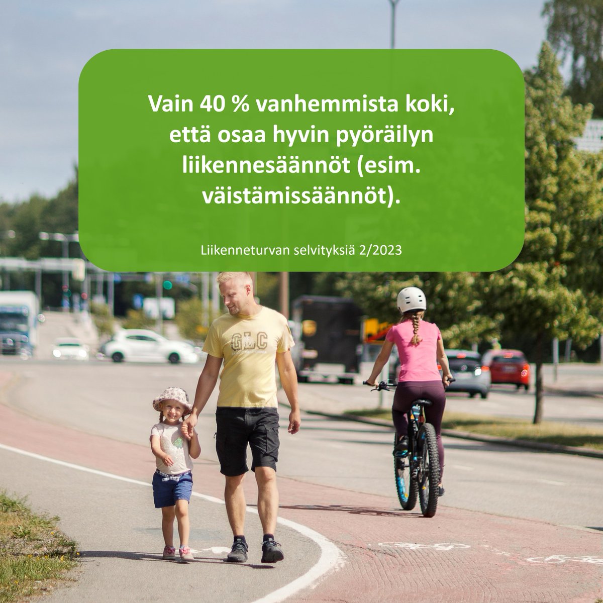 Alle kouluikäisten lasten vanhemmat kokevat liikenteen vaaralliseksi lapsilleen. Toisaalta vain 40 % vanhemmista koki, että osaa hyvin esimerkiksi pyöräilyn liikennesäännöt.  

Tulokset selviävät Liikenneturvan juuri julkaisemasta selvityksestä.

liikenneturva.fi/ajankohtaista/…