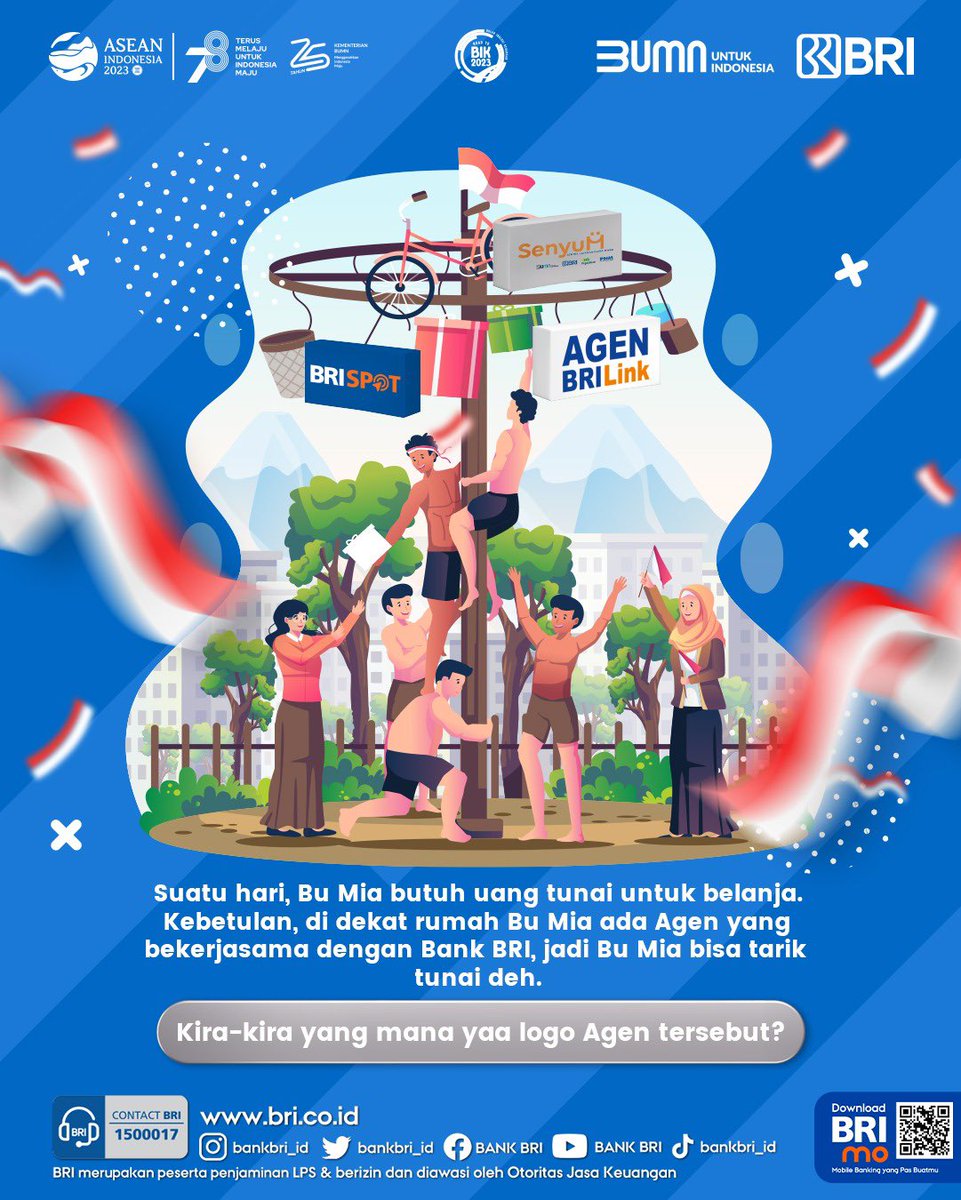 BANKBRI_ID's tweet photo. Sobat BRI! Ayukkk tebak logooo! Kira kira logo Agen yang dimaksud Bu Mia yang mana yaaa?

Masih dalam semangat 17 Agustus-an, Semoga semangat perjuangan selalu ada dalam benak kita! Merdeka!

#BRI #MemberiMaknaIndonesia https://t.co/0L0WKEzO5b