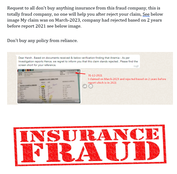 ajay1791's tweet photo. @RelianceGenIn Fraud company doesn't buy any insurance from Reliance, the claim was reported on March-2023 and rejected based on 2 year back report in 2021 after that no one help me not even the manager as well. https://t.co/hrXWtMYMxy