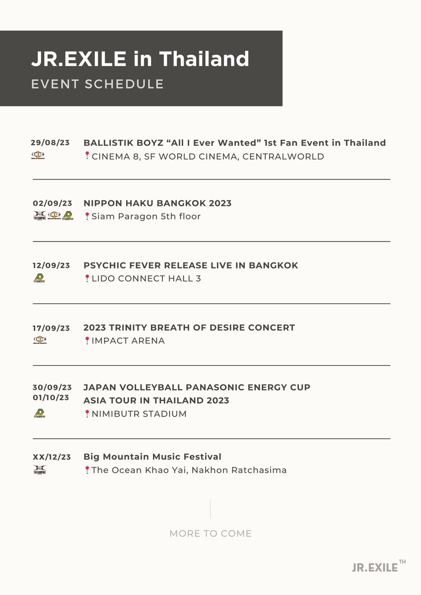 jrexile_th's tweet photo. 『🗒』 Jr.EXILE @ THAILAND EVENT SCHEDULE
#THERAMPAGE
#BALLISTIKBOYZ
#PSYCHICFEVER
#JrEXILEth https://t.co/ixB6RUKOQA