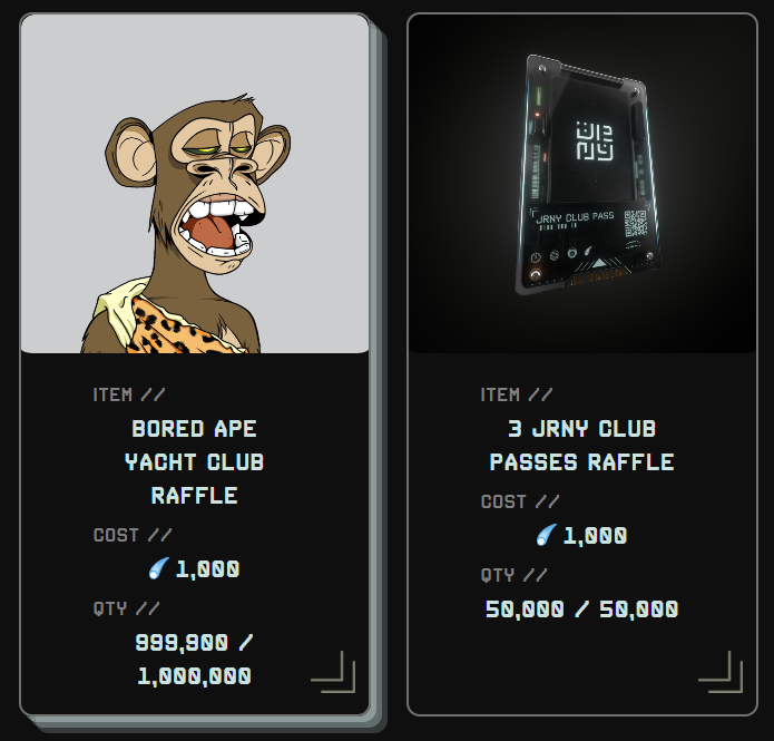 BAYC RAFFLE IS LIVE

You can now buy tickets for the BAYC raffle, along with JRNY Club Pass and 1 Million Stardust raffles

Get tickets at anytime in the Stardust store: stardust.jrny.club

The raffle will end on Sept 24th at 11:59 PST or when tickets are sold out