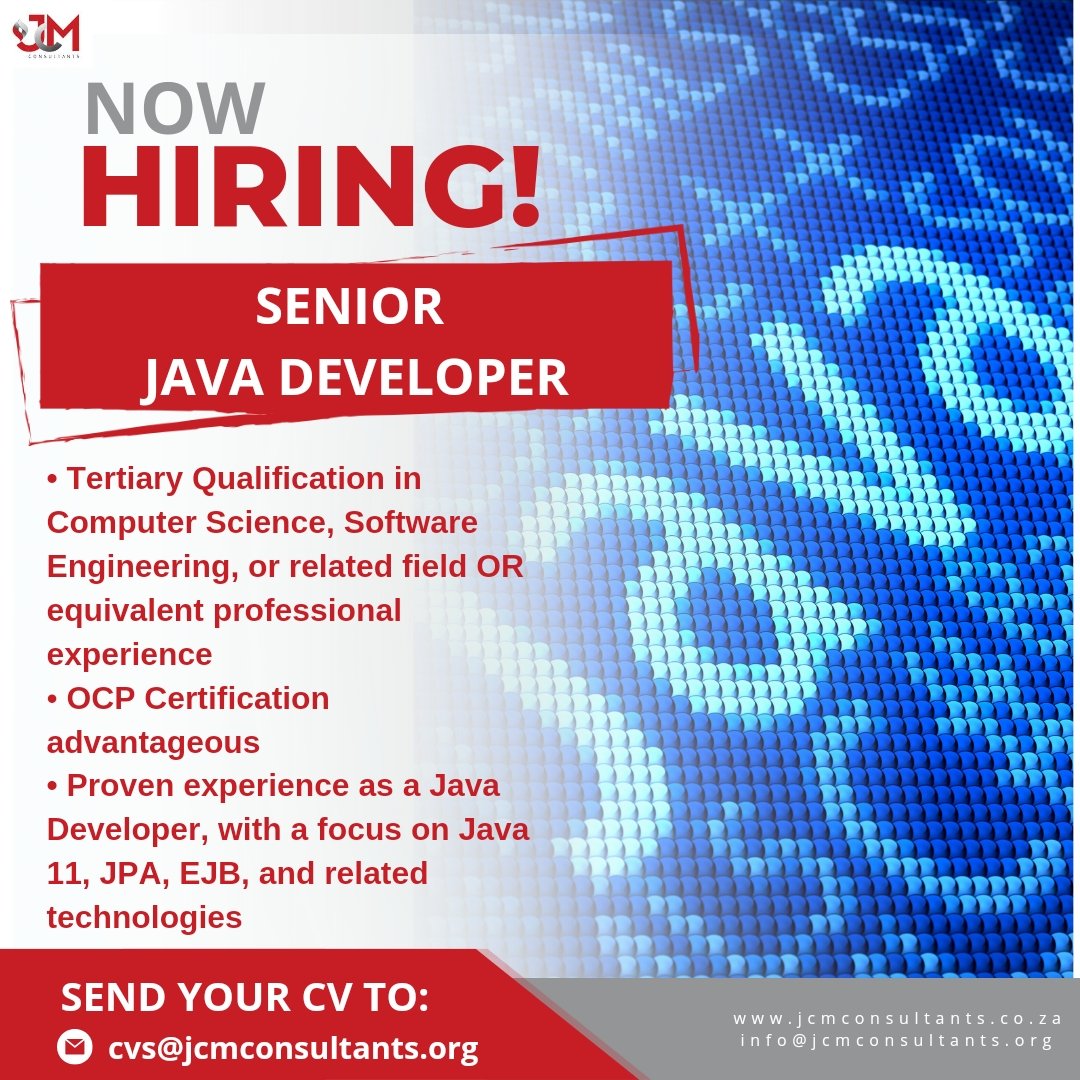 Our client is looking to fill the position of Senior Java Developer. 

✅️ Based in Fearie Glen
✅️ Permanent position 
✅️ R60 000 - R110 000 per month

Please email  CV's directly to cvs@jcmconsultants.org 

#javadeveloper #itjobsearch