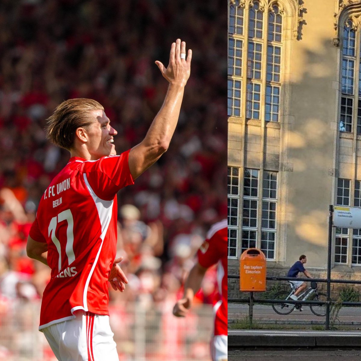 El de la foto es Kevin Behrens, jugador del Union Berlin. Hasta hace 2 años jugaba en segunda división alemana, con 30 años.

Fichó por el Unión Berlín en 2021 y debutó en Bundesliga con 30 años. 

Hoy, con 32, anotó su primer hattrick en primera. Luego, el club publicó su foto