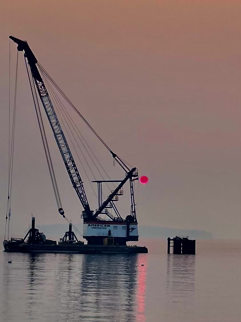 SeattleYoli's tweet photo. Wildfire smoke settling over sunset in Seattle https://t.co/0nBr5d8U46