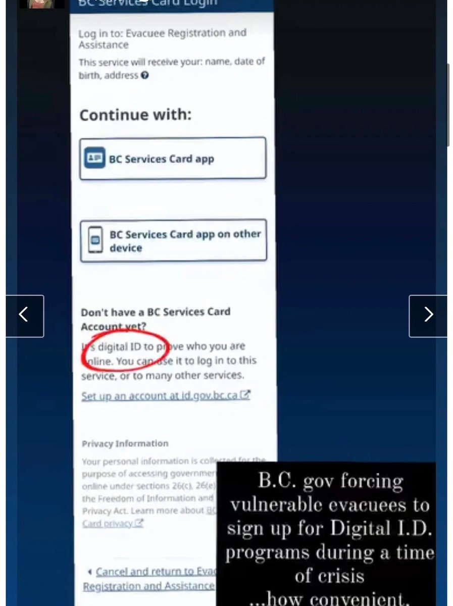 HistoryHacked's tweet photo. On top of #billc18 censoring our news of the #Okanagan fires, an evacuee trying to get assistance brought this sick #digitalID signup form to our attention. @elonmusk @joerogan https://t.co/VJBFTpc6KF