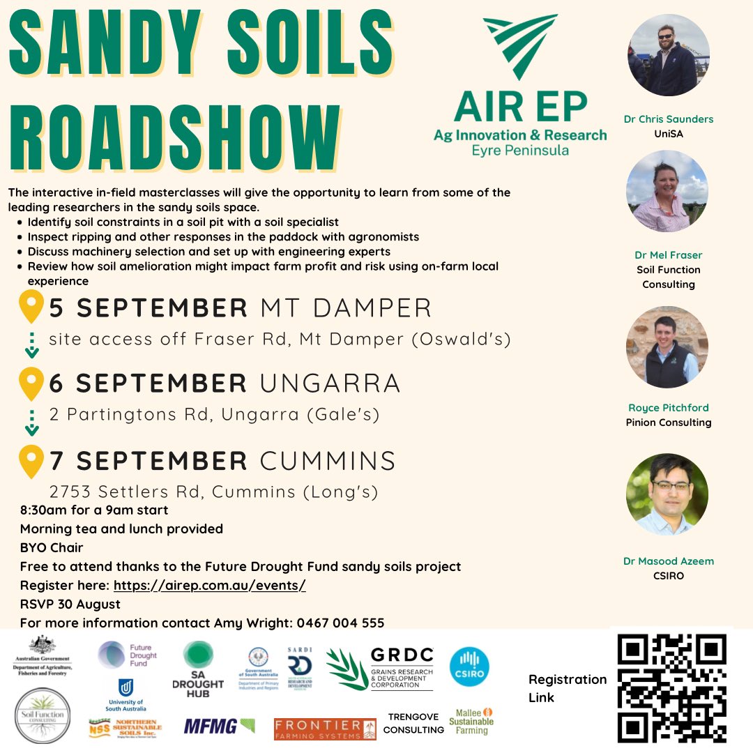 ag_eyre's tweet image. 📣Eyre Peninsula Sandy Soils Roadshow
Announcing our speaker line up. 
A series of 3 masterclasses across the EP will address how we improve productivity of our sandy ground. 
Registrations now open bit.ly/3QN704y
#FutureDroughtFund 
#EPAg