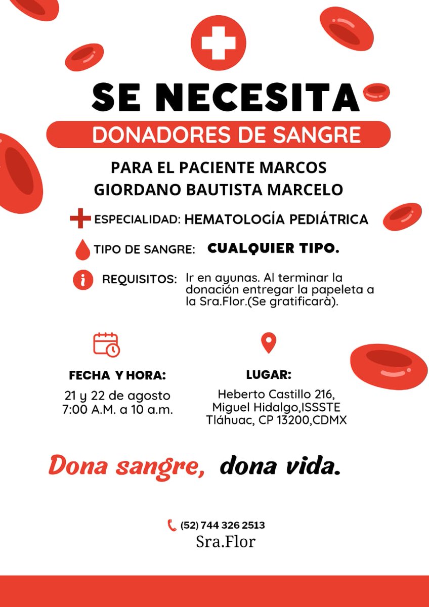 Por favor, compartan. Mil gracias 😊 #CDMX #DonaciónPediátrica #DonaSangre #Cancer #Leucemia @NARIZROJAAC @ConCausaMX @SEDENAmx @alarcondibujos @DrNetas @AnaJVillagran @avieu @Garcimonero @Perikoperro @brozoxmiswebs @PadreJosedeJes @SocCivilMx