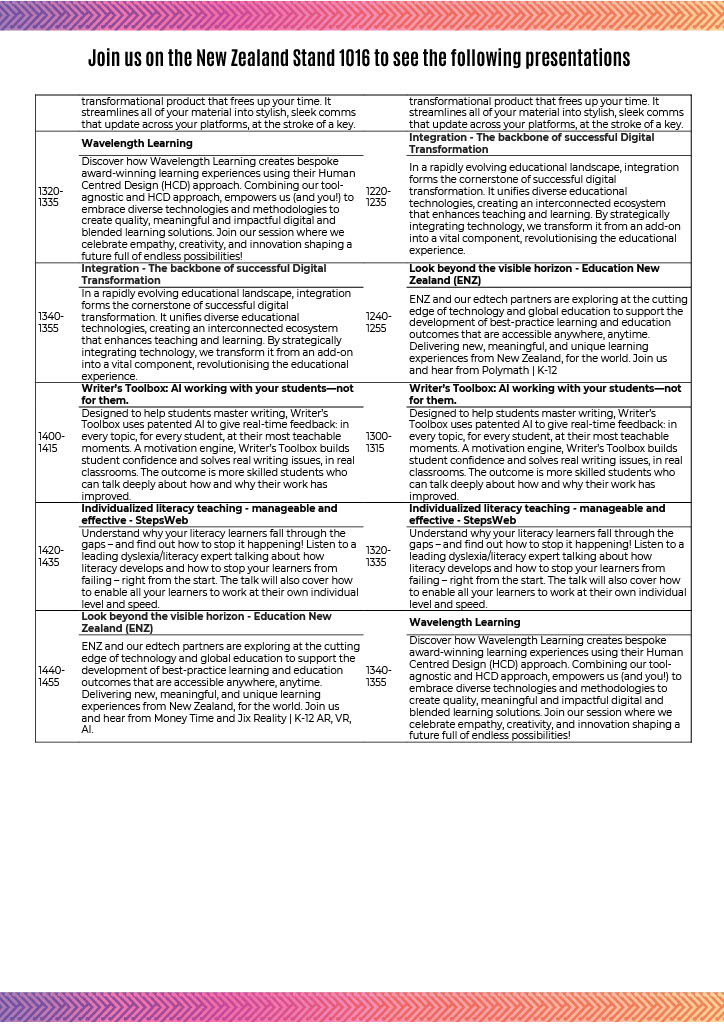 3 days to go until #EduTECHAU 2023! Join us &amp; 5 Kiwi companies on the NZ Pavillion, stand 1016, to see the following talks. Learn more here: bit.ly/44UTzUo - See you there!

<a href="/EduTECH_AU/">EDUtech AU</a> <a href="/educationnz/">Education New Zealand Manapou ki te Ao</a> <a href="/StepsWeb/">StepsWeb</a> <a href="/_writerstoolbox/">Writer's Toolbox</a> <a href="/HailSays/">Hail</a> @AdaptivNZ <a href="/WavelengthLearn/">Wavelength Learning</a>