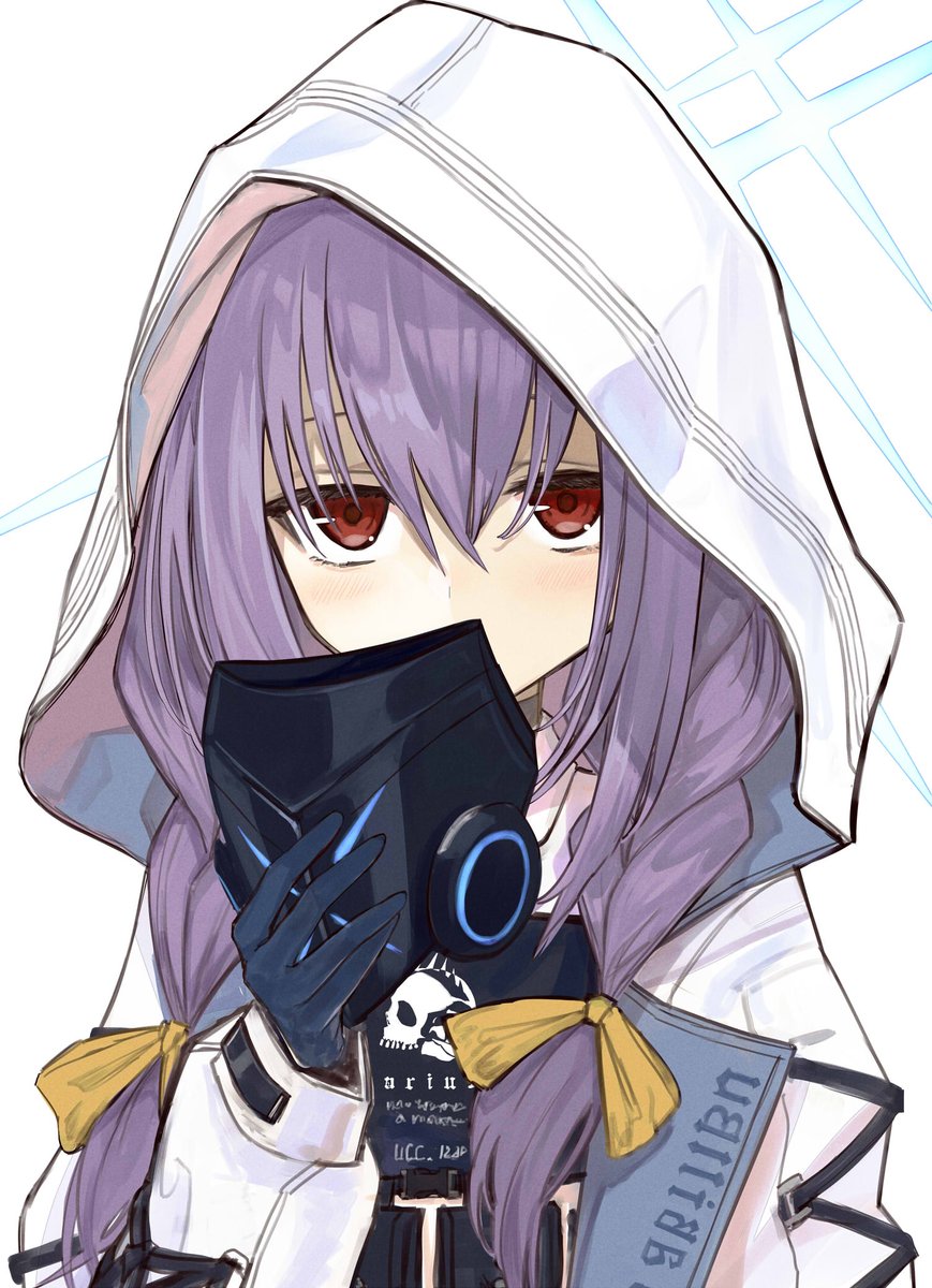 1girl mask red eyes hood solo gloves braid  illustration images