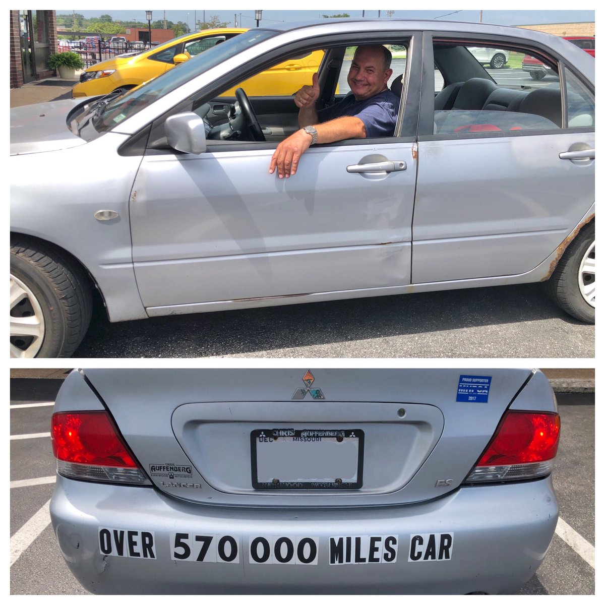NatalieAVowell's tweet photo. 1/7 Today, while out thrift-shopping, we stopped for lunch and met a guy with 570,000 (not a typo) miles on his car. 

#wholesome
#mitsubishi
#DairyQueen
#DoorDash
#STL
@mitsucars 
@DoorDash 
@DairyQueen https://t.co/70Xn7qy9er