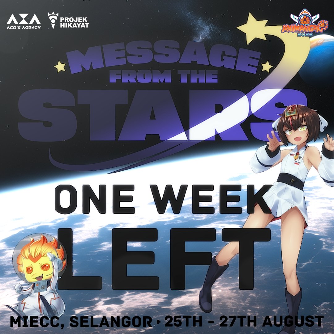 projekhikayat's tweet photo. 📡T Minus One Week To Landing!🚀
We’re about to land on planet #AMG2023🪐soon! Are you excited for the fun and exploration that awaits you✨?
Come find us at BOOTH 2C under #AXA and be one of the first 3 to say "BryantKawaii"💖 to get some special merch~
#MessageFromTheStars https://t.co/208Hl4Ewki