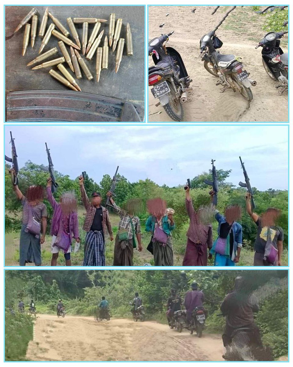 NantEiThandar's tweet photo. On Aug 20, The Oppressed People’s Revolution Forces ( OPRF-PLA ) took place a battle against the Military Junta at border between #Tatkon Twp and #MyoThit Twp. OPRF seized 3 motorcycles 🏍️ and some Ammunitions from army. #2023Aug21Coup #WarCrimesOfJunta https://t.co/IbcLCbvU1G