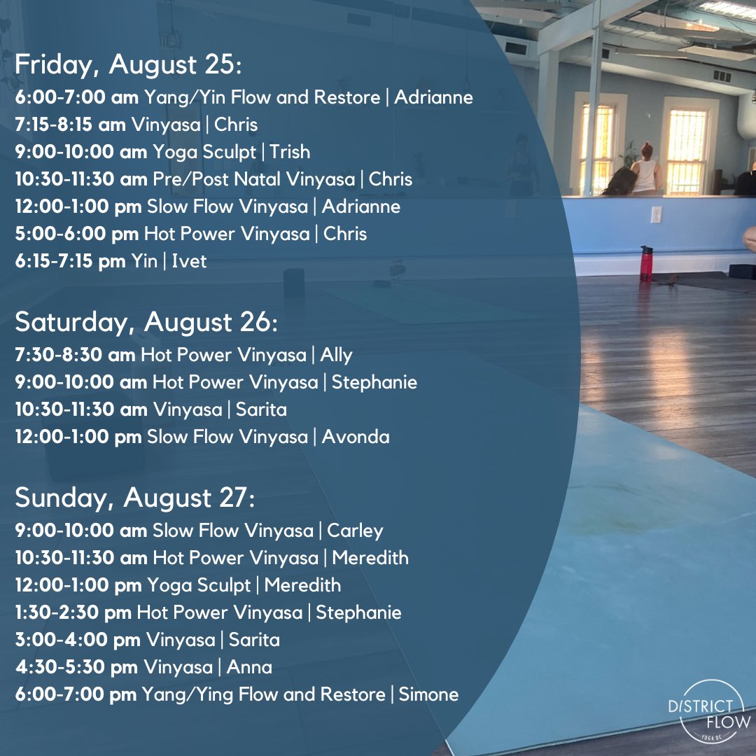 District_Flow's tweet photo. Come flow with us! Here is our schedule for this upcoming week, you won’t want to miss out! https://t.co/SIrul3HTFF