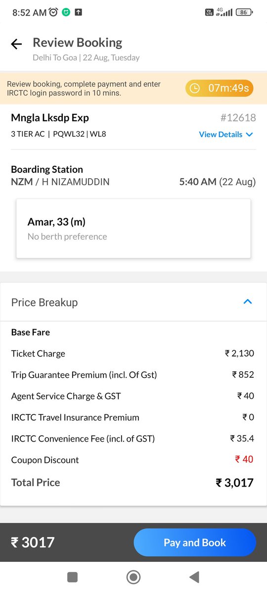 AMARDESAI_ard's tweet photo. @IRCTCofficial  Make my Trip charging extra  RS 852/- to get confirm tickets. How it is possible? ATTACHED SCREENSHOT https://t.co/lW7cLAns58