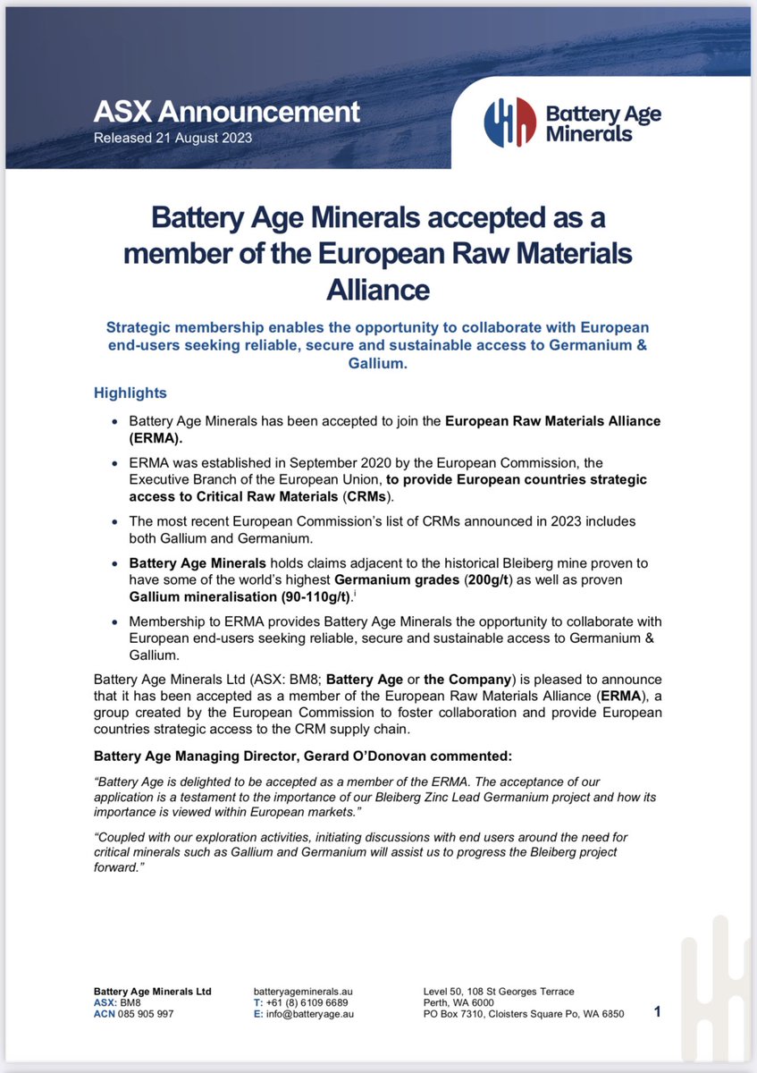 BM8_BatteryAge's tweet photo. Another step in the critical minerals journey with acceptance to the ERMA. Great endorsement for our #Bleiberg #Gallium #Germanium project and an entry into downstream discussions https://t.co/0POy9AXcZi