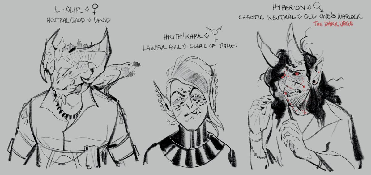 Might as well post this doodle here too… all my baldurs gate 3 characters I've been cycling through. main is Il-Alir, evil play through is the githyanki cleric, and chaotic run is poor terrified Hyperion 