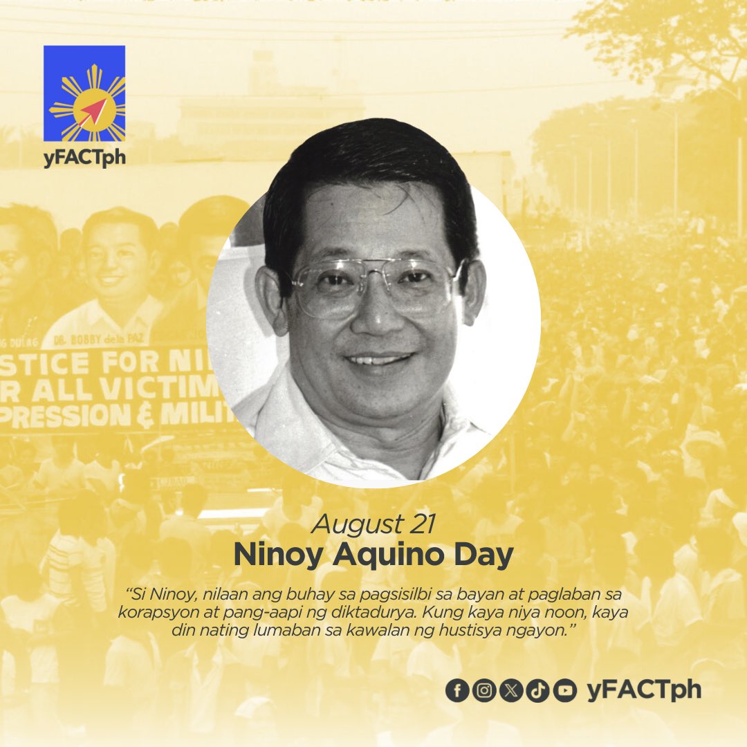 yFACTph is one with the nation in commemorating the life and death of Senator Benigno “Ninoy” Aquino Jr., who was among the prominent opposition voices during the Marcos dictatorship. 💛✊🏼

#SalamatNinoy
#NinoyAquinoDay
#RememberingNinoy
#NinoyAquinoDay2023