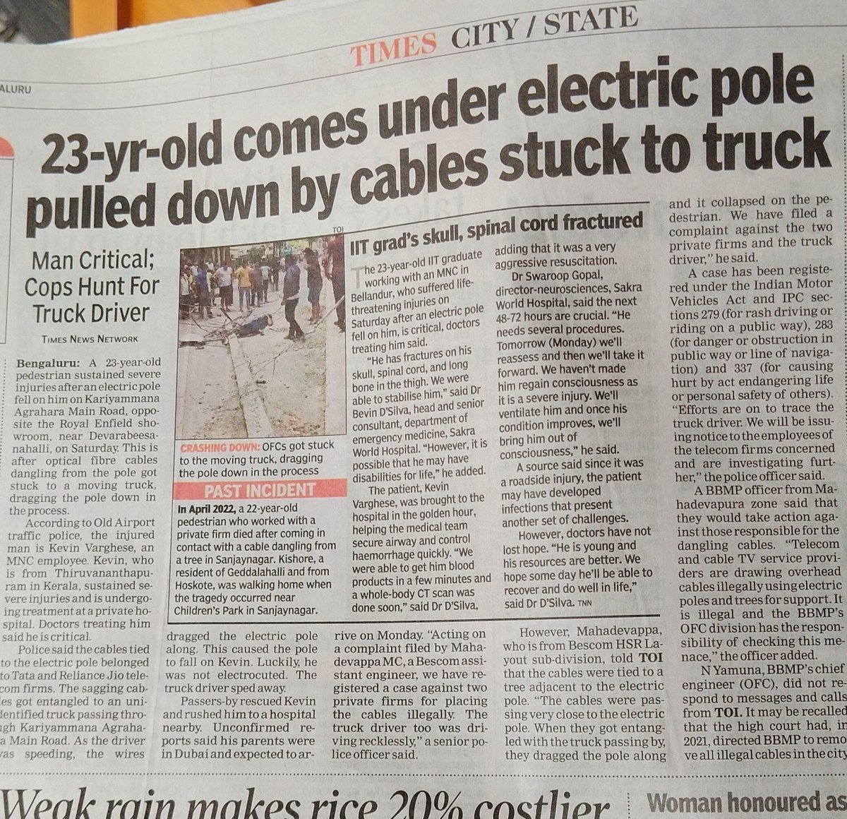 Anandagundurao's tweet photo. A young &amp; promising life is in danger due to negligence &amp; ineptitude of BBMP. How many more victims does the govt need before it acts on offenders? Every street in Bengaluru has such cables and the Officers should be blind not to see them @BBMPCOMM @TOIBengaluru @DKShivakumar https://t.co/JLo4VL2QM9