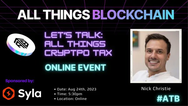 🔍 Join our crypto tax webinar with Syla &amp; ATB on Aug 24th, 6pm!  

Highlights: crypto tax basics, capital gains calcs, tax-saving tips, Q&amp;A. 

No  recording, so don't miss out! 
RSVP: meetup.com/all-things-blo… 
#Crypto