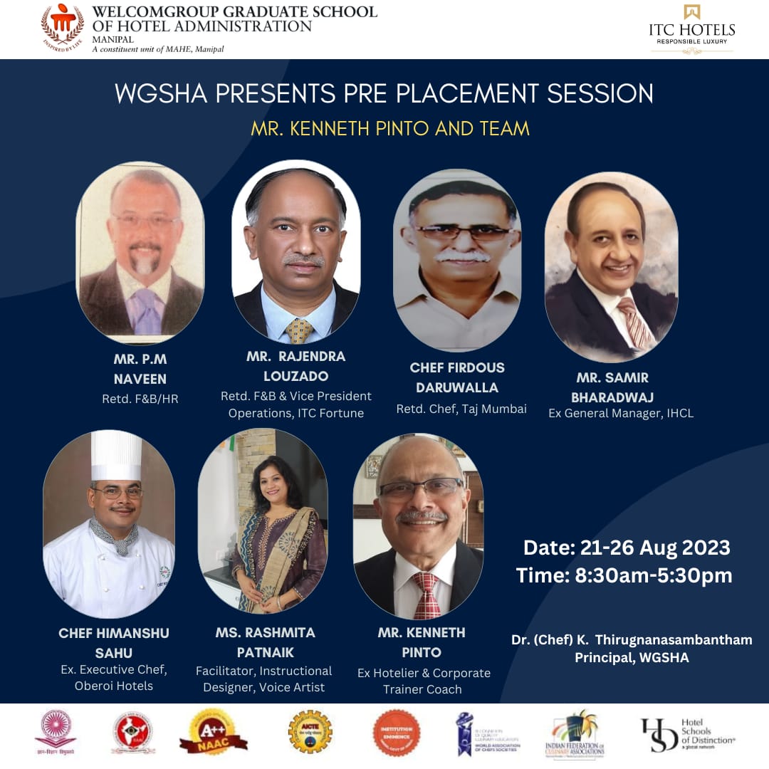 WManipal's tweet photo. @WManipal organises a Pre-Placement workshop by Mr. Kenneth Pinto and his team from 21-26 Aug 2023.
@ThiruChef @MAHE_Manipal @ITCHotels @ITCCorpCom
#Preplacement #workshop #trainings #professionalskills #challenges #hotelmanagement #culinaryarts #wgsha #mahe #manipal https://t.co/gXjLZ0ioGj