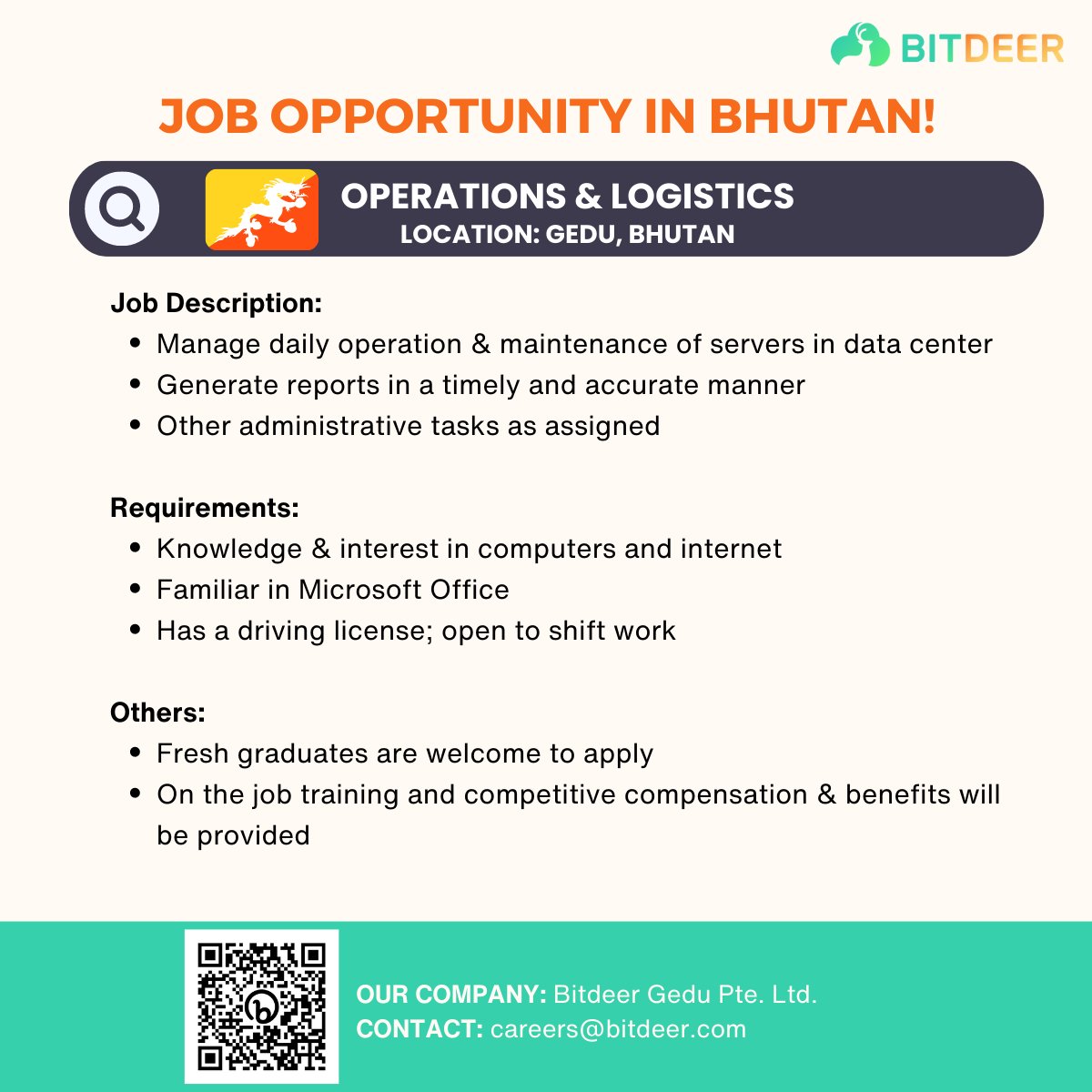 🖥️ Bitdeer is hiring in Bhutan for an Operations and Logistics role! Are you skilled in software tools (e.g. Microsoft Office) and hold a driving license? Join our dynamic team today and apply now: linkedin.com/jobs/view/3676…. Fresh graduates are welcome to apply, on the job…