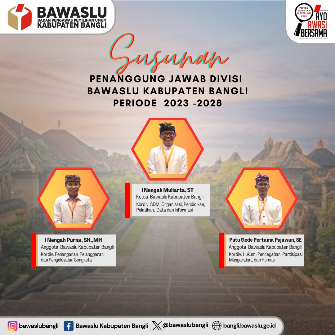 #sahabatbawaslu, Berikut adalah susunan penanggung jawab Divisi Bawaslu Kabupaten Bangli Periode 2023-2028.

#BawasluMengawasi
#AyoAwasiBersama
#CegahAwasiTindak