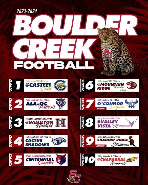 It’s game week! We are looking forward to kicking off the 2023 Boulder Creek Varsity football season!!! ❤️🏈🖤🐆 #jagpride #bctough