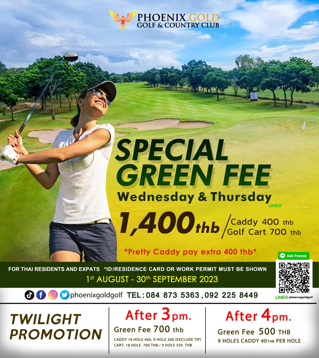 PhoenixGoldGolf's tweet photo. โปรโมชั่นสุดพิเศษ!! กรีนฟี 1,400 บาท เฉพาะวันพุธและพฤหัสบดี จับจองเวลาออกรอบได้ทุกวันค่าา 📷
Tel: 084-873-5363, 092-225-8449
Email: reservation@phoenixgoldgolf.com
Id Line: phoenixgoldgolf
https://t.co/Pvw4uaySK7
#Phoenixgoldgolf #pattaya #phoenixgold #Promotion
#Sportday https://t.co/UOmVqqXZFg