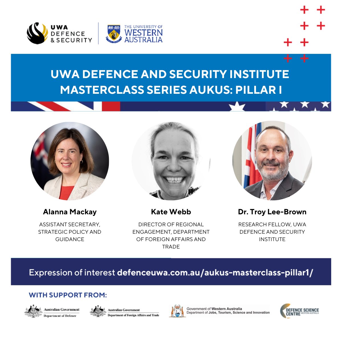 It's just two days to the Masterclass Series AUKUS: Pillar I, and we're excited to announce panel of experts Alanna Mackay, Kate Webb and Dr Troy Lee-Brown, who will discuss all things geopolitics, strategy and the regional defence framework. bit.ly/aukus #UWADSI_AUKUS