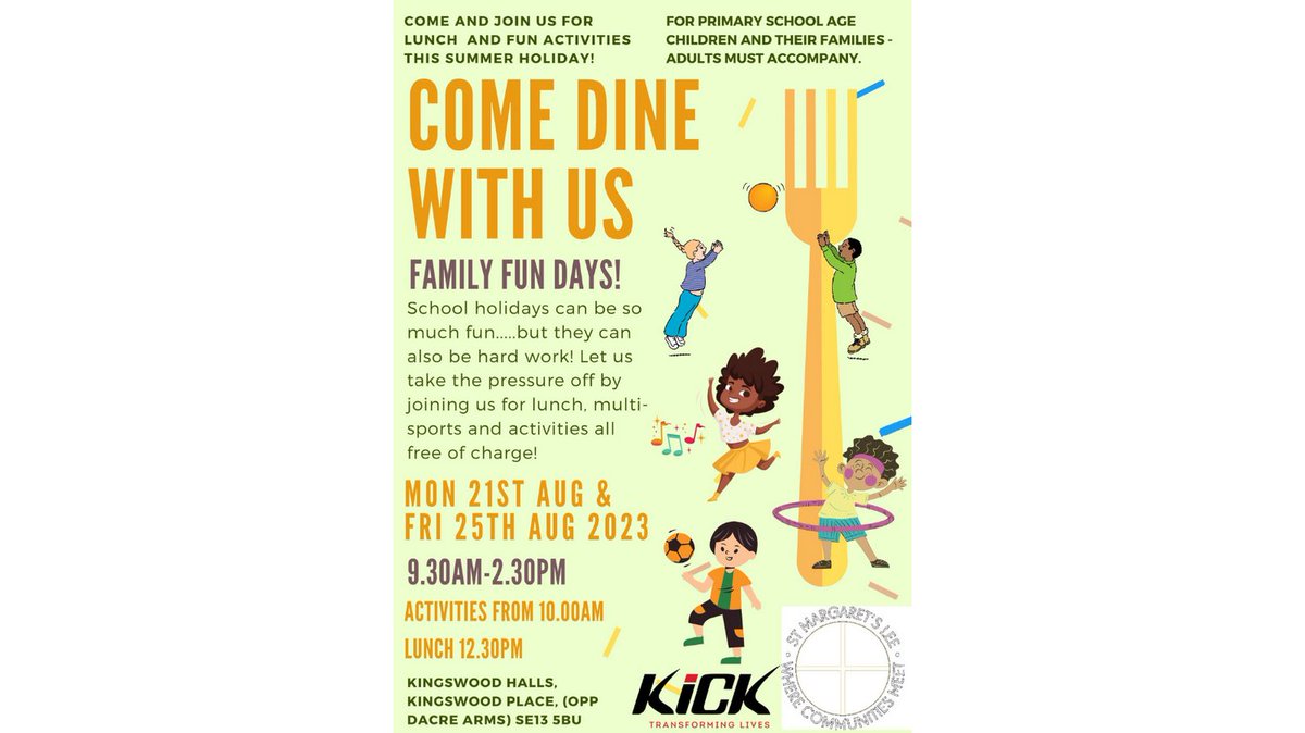 FREE FAMILY LUNCH &amp; KIDS' ACTIVITIES THIS AUGUST: Come dine with us on Monday 21st and Friday 25th August at the Kingswood Halls in Lee. 
See poster for details.
#freelunch #freekidsactivities #freefood #holidayactivities #summerholidays #thingstodowithkids #lewishamkids