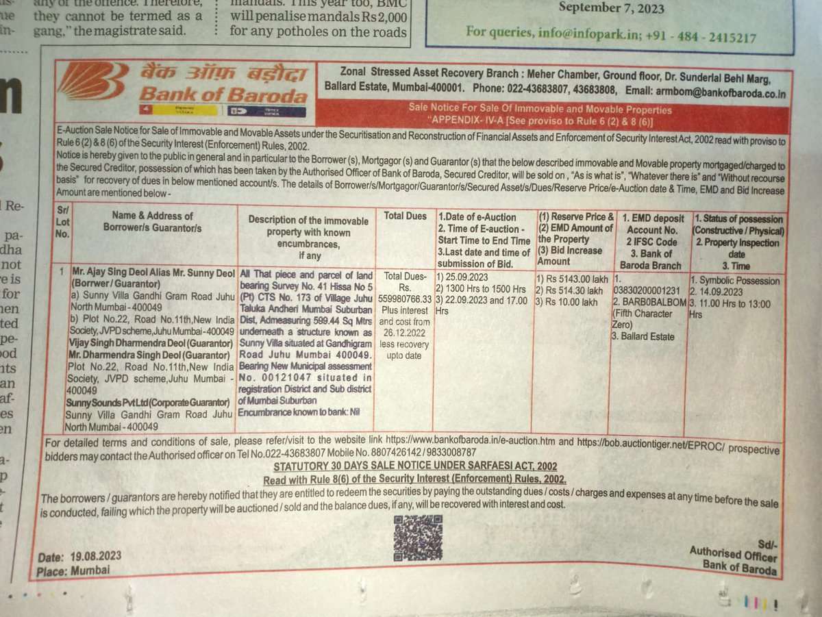 ysathishreddy's tweet photo. In less than 24 hours:
- Bank of Baroda issued an auction notice against BJP MP #SunnyDeol's bungalow, alleging non-payment of dues worth ₹55 Cr
- Astonishingly, the bank promptly retracted the notice, conveniently attributing it to 'Technical Reasons'.
#PoliticalBankShenanigans