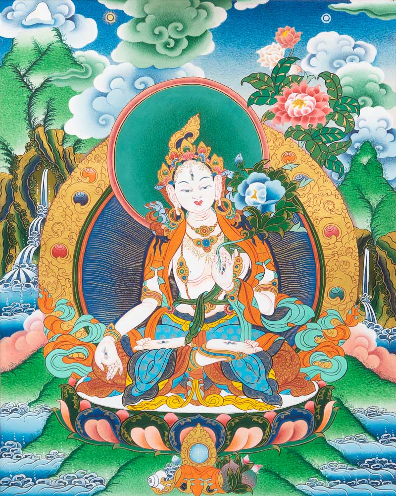 White Tara is a female enlightened being who bestows long life, wisdom and good fortune. These oppose our three main obstacles to a meaningful life – a short life, ignorance and little merit.